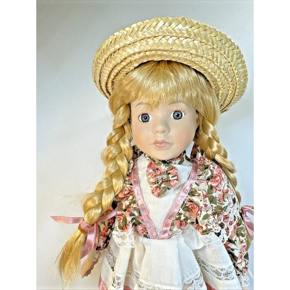 VTG Porcelain Doll Blonde Pigtails/Blue Eyes and Smock Dress with Straw Hat NIB